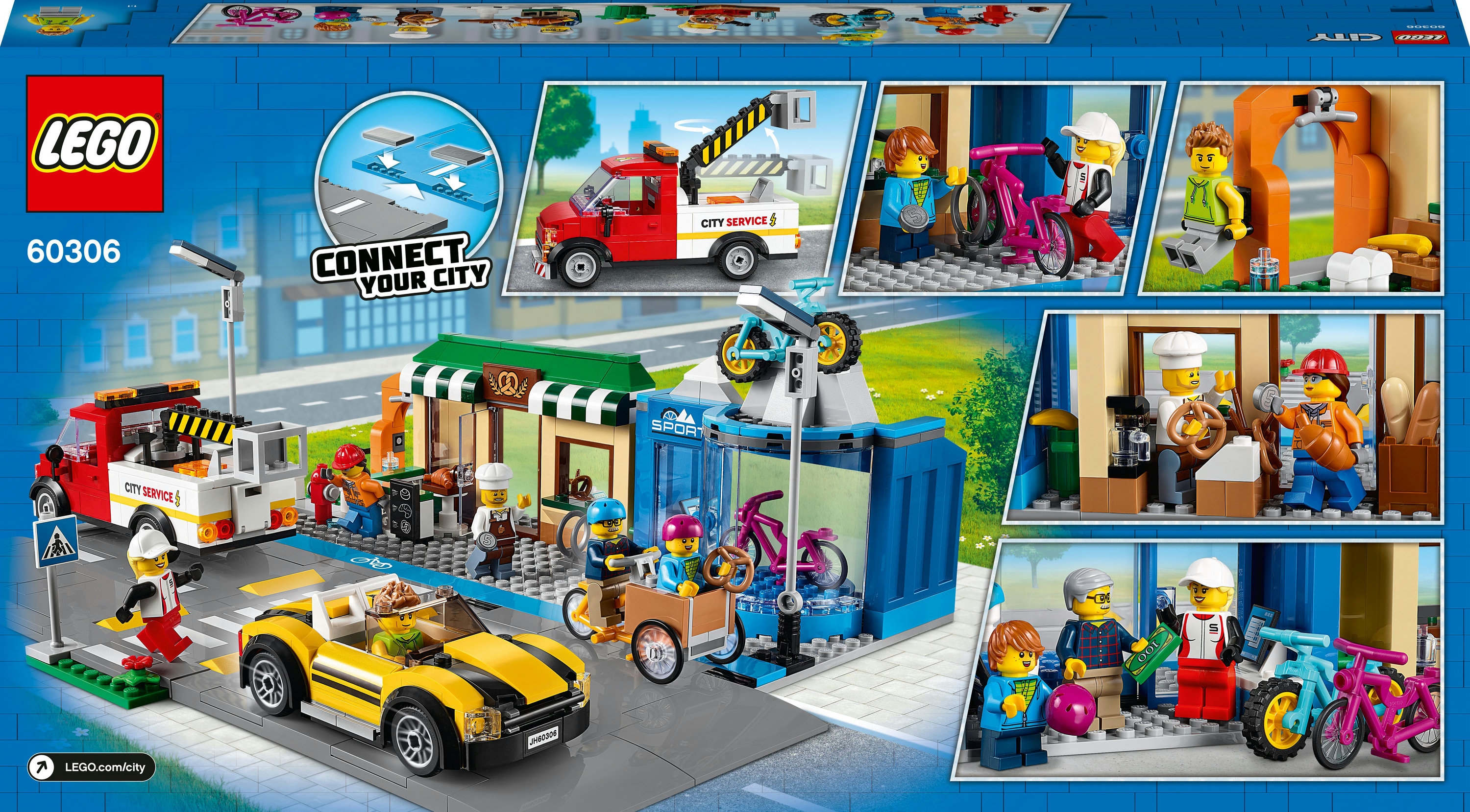 Lego City seti. Servis kamyonu, dükkanlar, arabalar ve minifigürler içerir. Parlak ve renkli sahne.