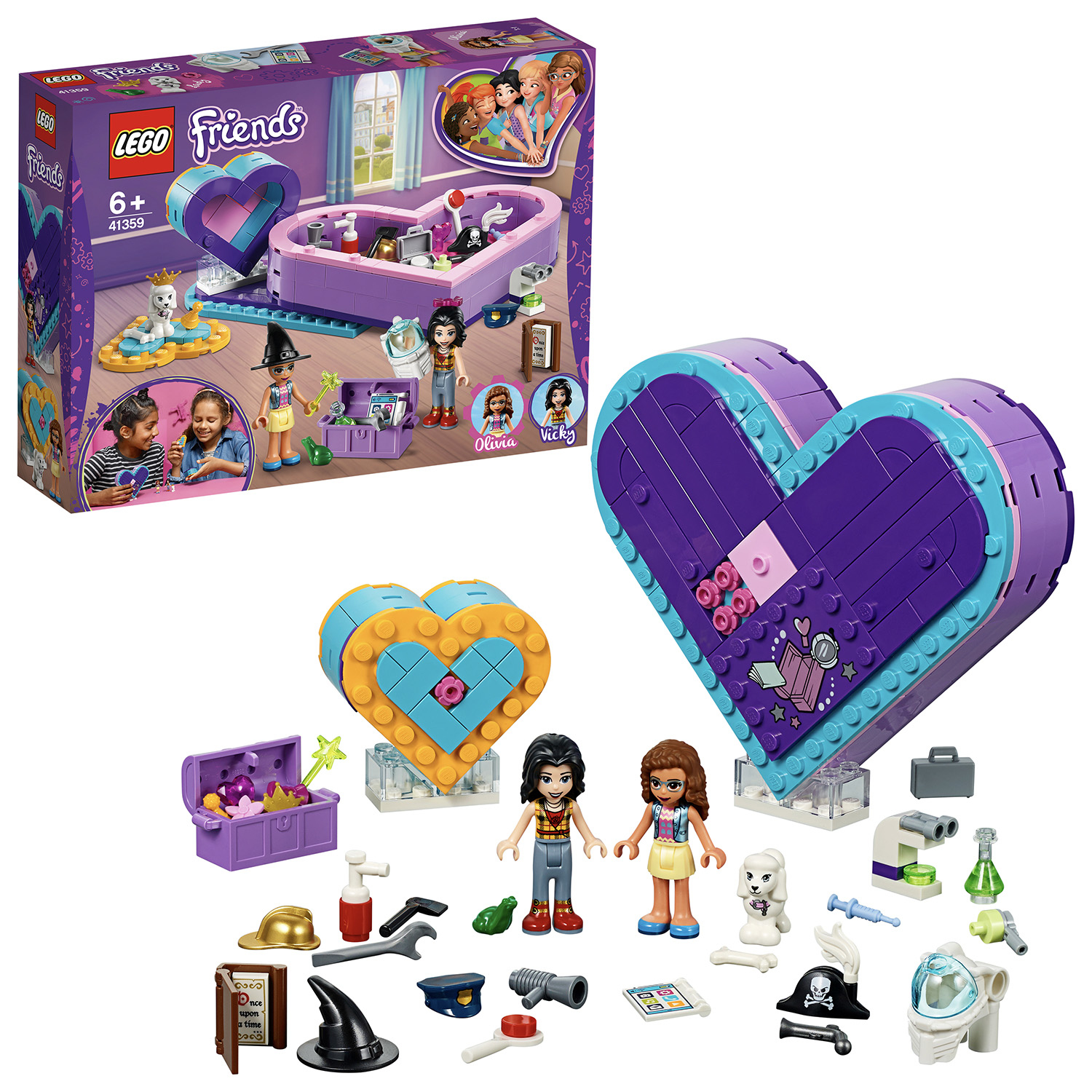 Zestaw Lego Friends w kształcie serca z akcesoriami i figurkami.