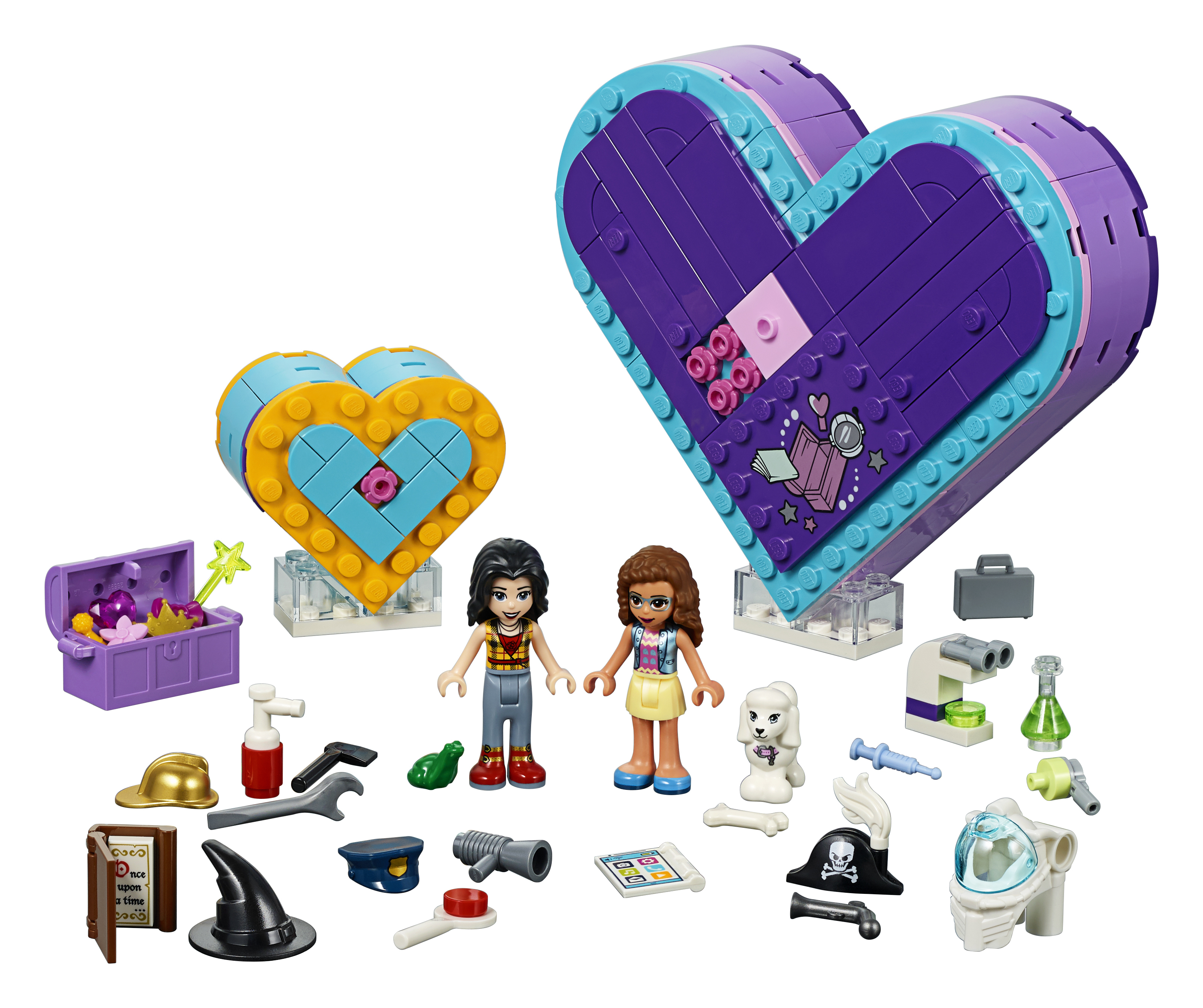 Zestaw Lego Friends z pudełkiem w kształcie serca, akcesoriami i dwiema figurkami Lego.
