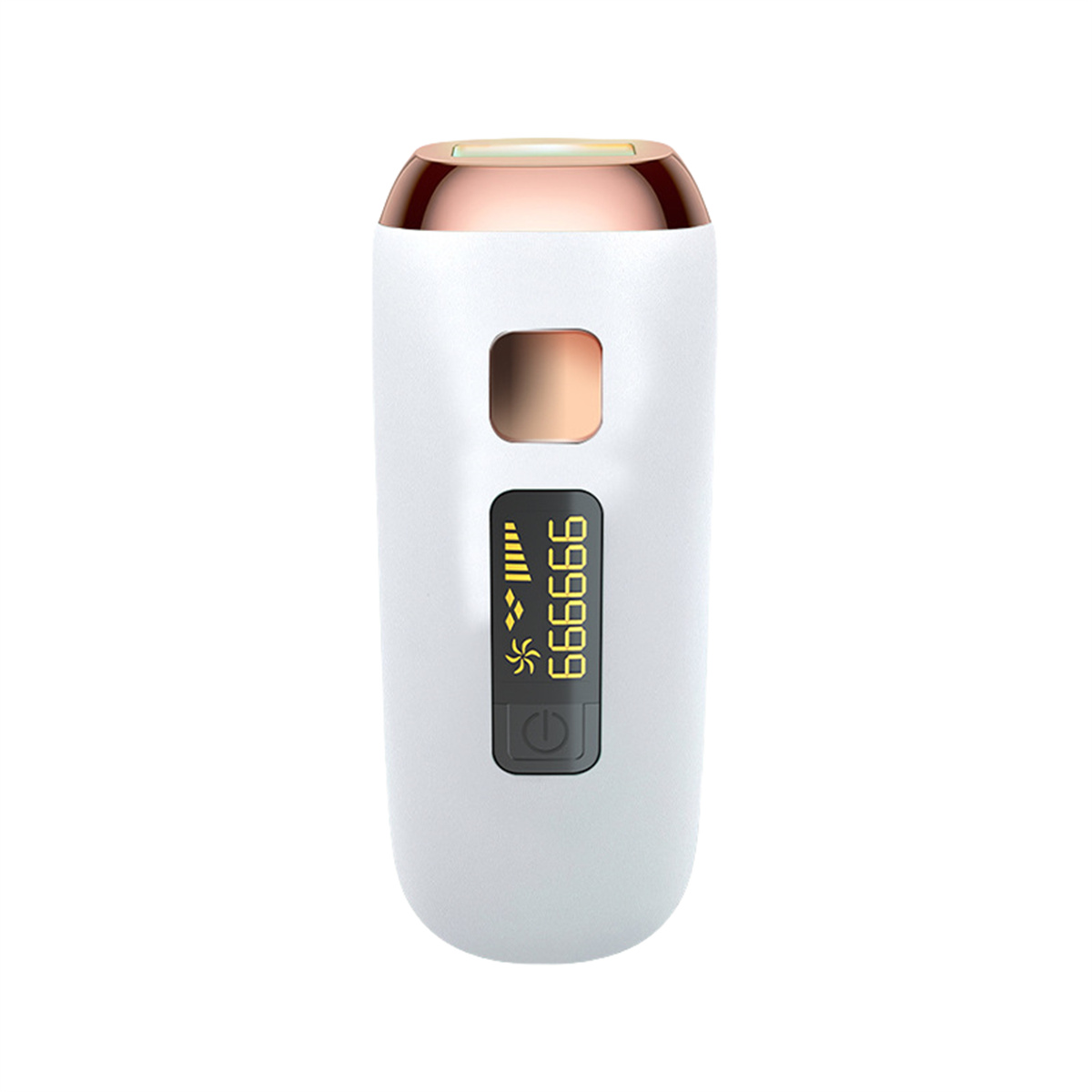Ein weißes IPL-Haarentfernungsgerät mit Digitalanzeige, die 999999 anzeigt. Es hat einen roségoldenen Aufsatz.
