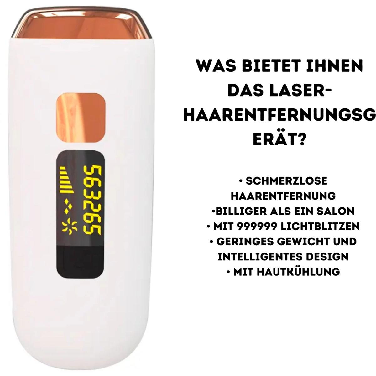 Weißes und oranges Laser-Haarentfernungsgerät mit Text über seine Eigenschaften.
