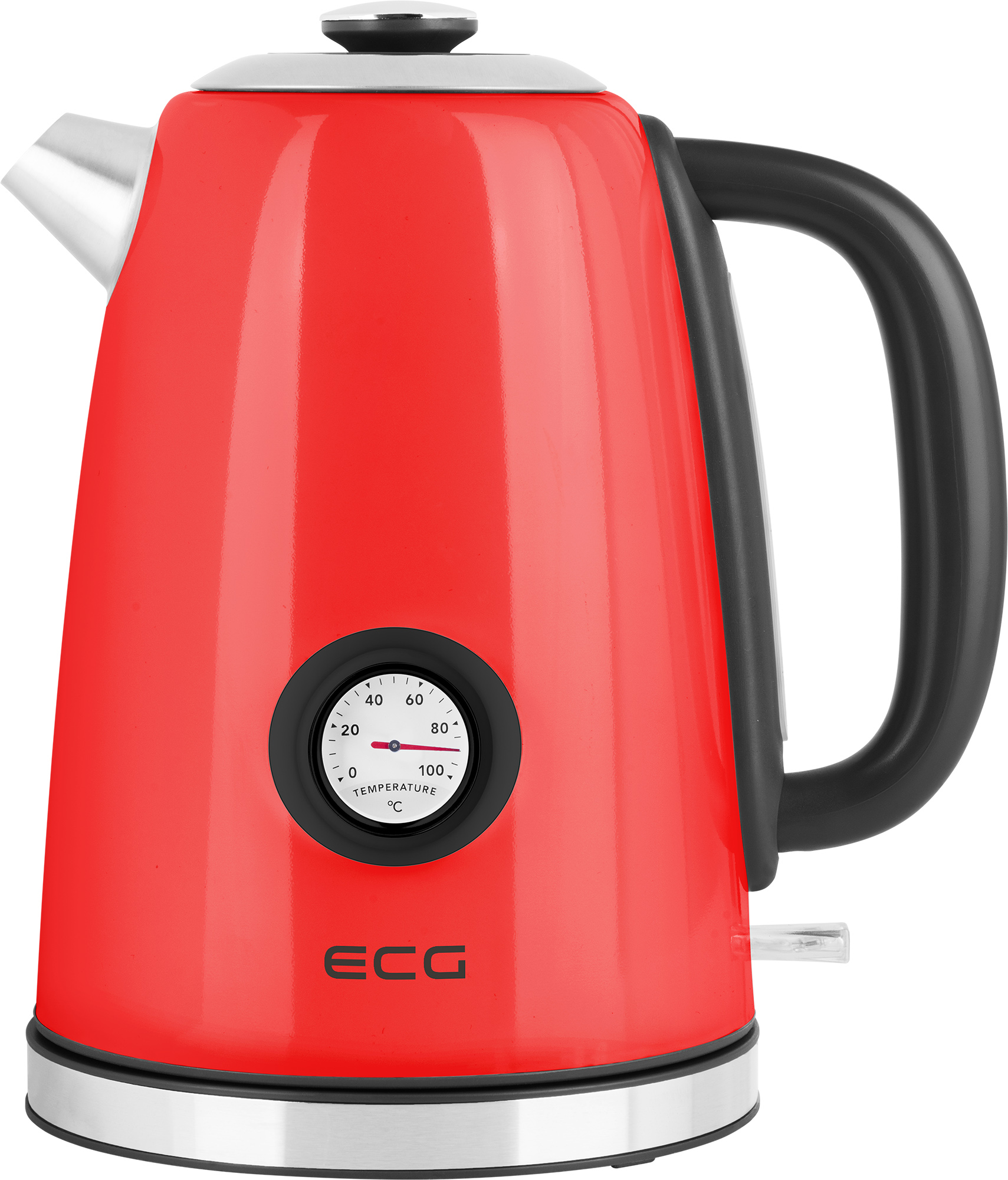 Ein roter elektrischer Wasserkocher mit Thermometer, schwarzem Griff und silbernem Sockel, isoliert auf weißem Hintergrund.