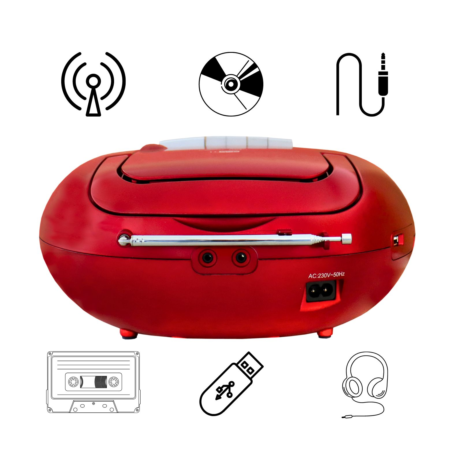 Rotes tragbares Radio mit verschiedenen Symbolen: CD, Kassette, USB, Kopfhörer und Antenne.
