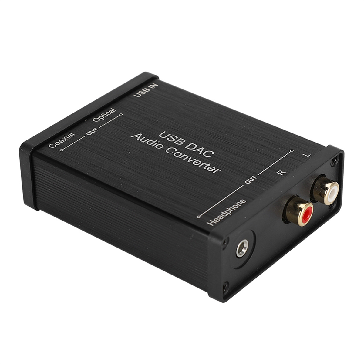 Ein schwarzer USB-DAC-Audio-Konverter mit verschiedenen Eingangs- und Ausgangsanschlüssen.