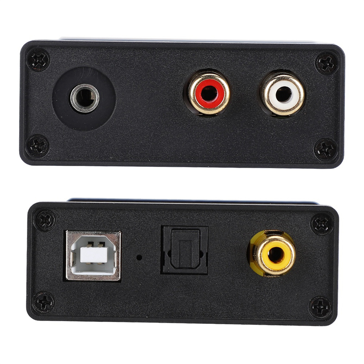 Schwarzes Audio-Interface mit mehreren Ein-/Ausgangsports, Schraubenköpfe sichtbar.