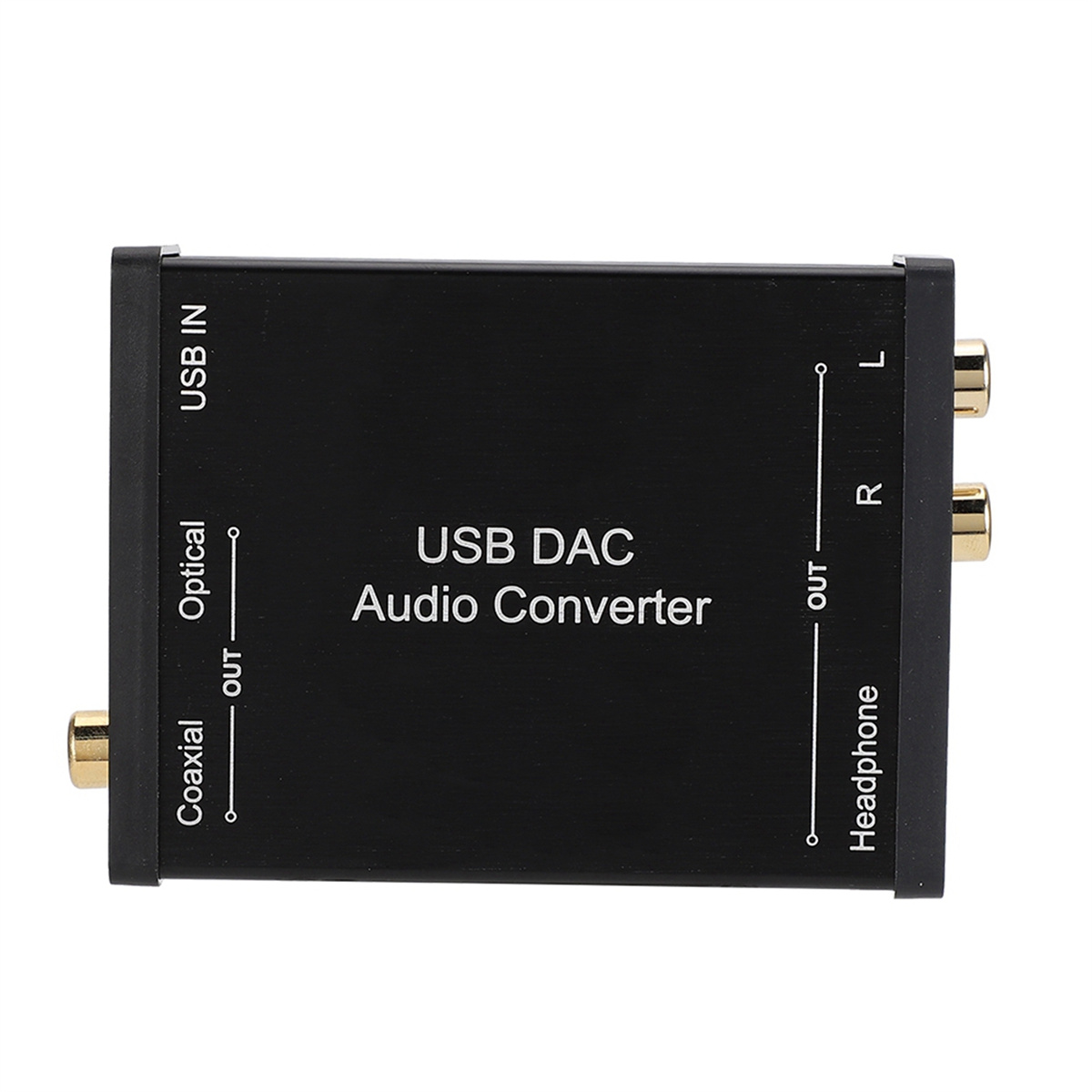 Schwarzer USB-DAC-Audio-Konverter mit mehreren Eingangs- und Ausgangsanschlüssen.