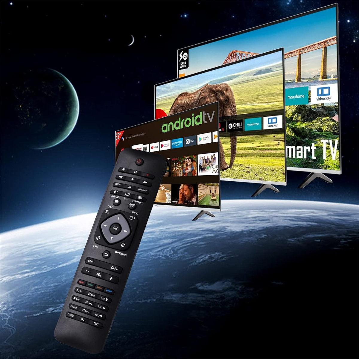 TV-Bildschirme mit Inhalten, eine Fernbedienung im Vordergrund und ein Galaxiehintergrund.