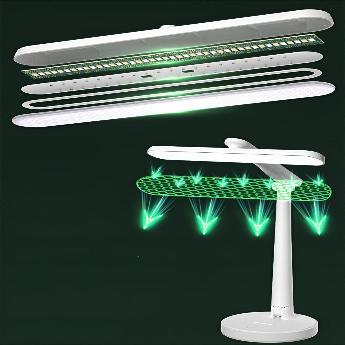 Weiße moderne Schreibtischlampe, grünes Licht strahlt aus dem Kopf.
