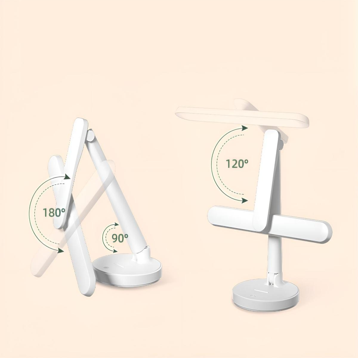 Weiße Schreibtischlampe in mehreren Positionen. Pfeile zeigen die Bewegung an. Weißer Hintergrund.