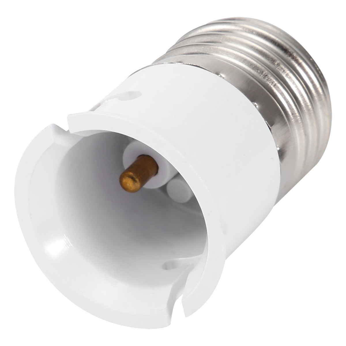 Weißer Glühbirnenadapter mit metallischem Oberteil und goldfarbenem Stift.