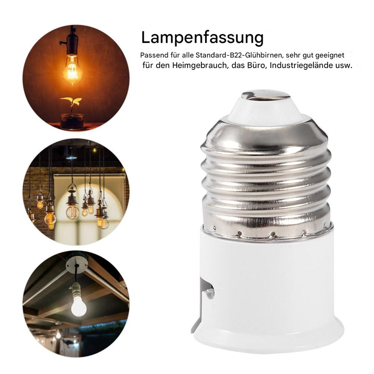 Weißer Lampenfassung mit Bildern von Beleuchtungskörpern und einer Glühbirne.