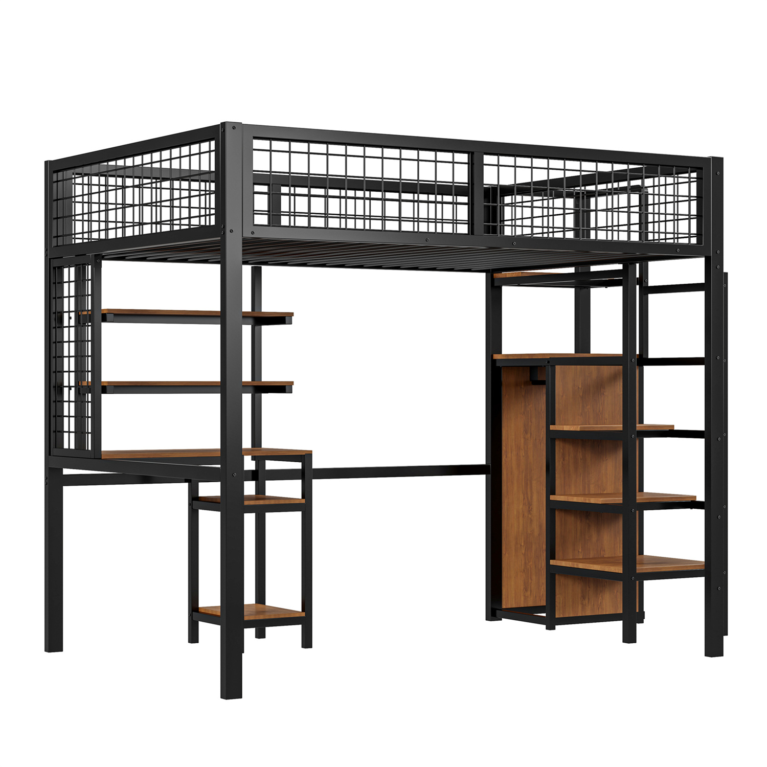 Ein schwarzes Hochbett mit Regalen, einem Schreibtisch und einem Kleiderschrank. Das Bett befindet sich oben.