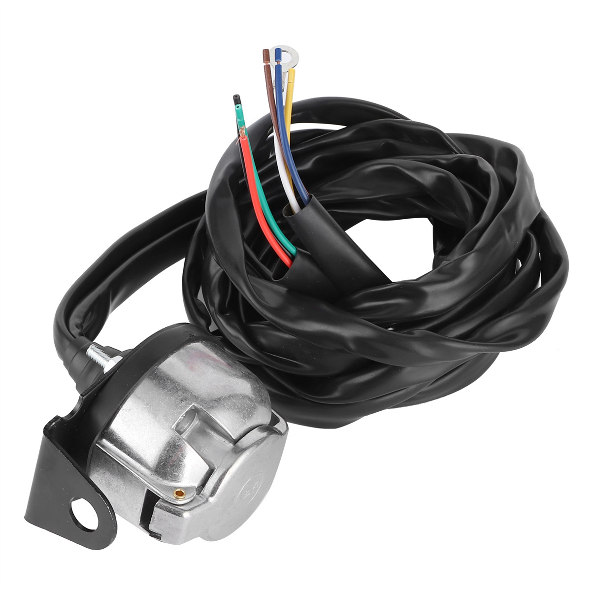 Ein elektrischer Stecker mit Drähten. Die Drähte sind verschiedenfarbig und der Stecker hat ein silbernes Gehäuse.