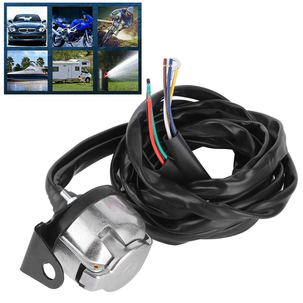 Anhängerstecker mit mehreren Drähten. Der Hintergrund enthält Bilder von Fahrzeugen.