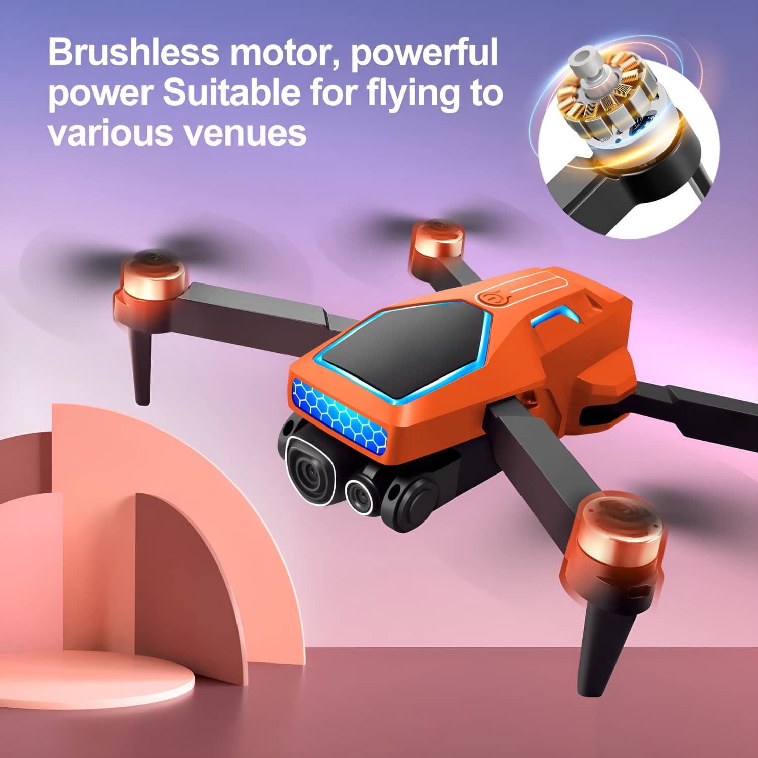 Eine orangefarbene Drohne mit schwarzen Armen und Propellern. Ein Motor ist in einem Kreis dargestellt. Der Text lautet: Bürstenloser Motor.