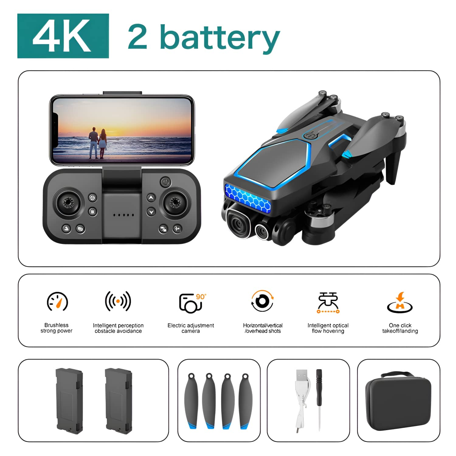Eine schwarze Drohne mit Fernbedienung und Zubehör, mit dem Text 4K 2 Batterie.