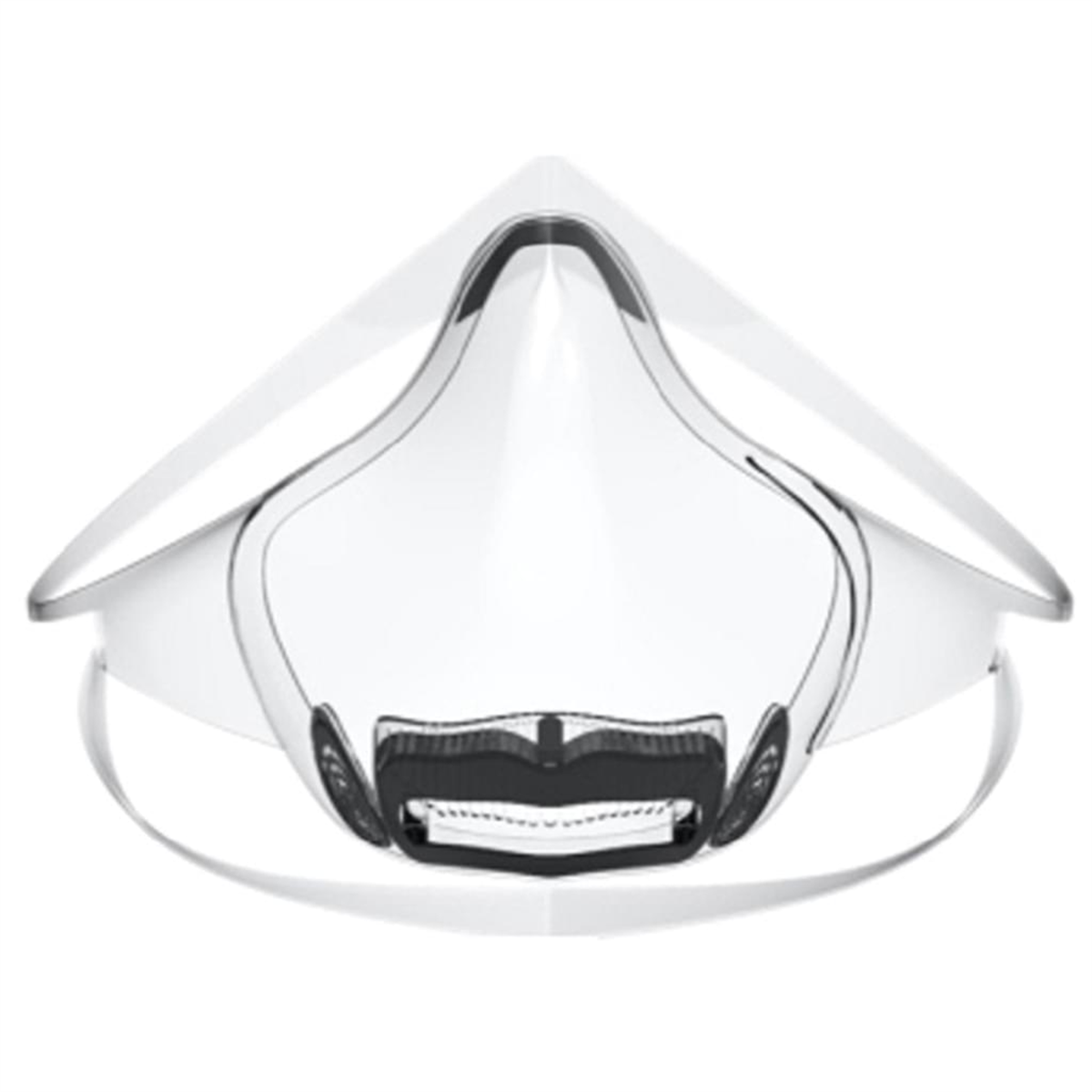 Eine durchsichtige Gesichtsmaske mit einem schwarzen Filter. Die Maske ist transparent.