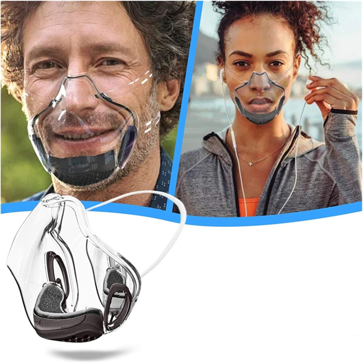 Zwei Personen tragen transparente Gesichtsmasken. Einer ist ein Mann, der andere eine Frau.