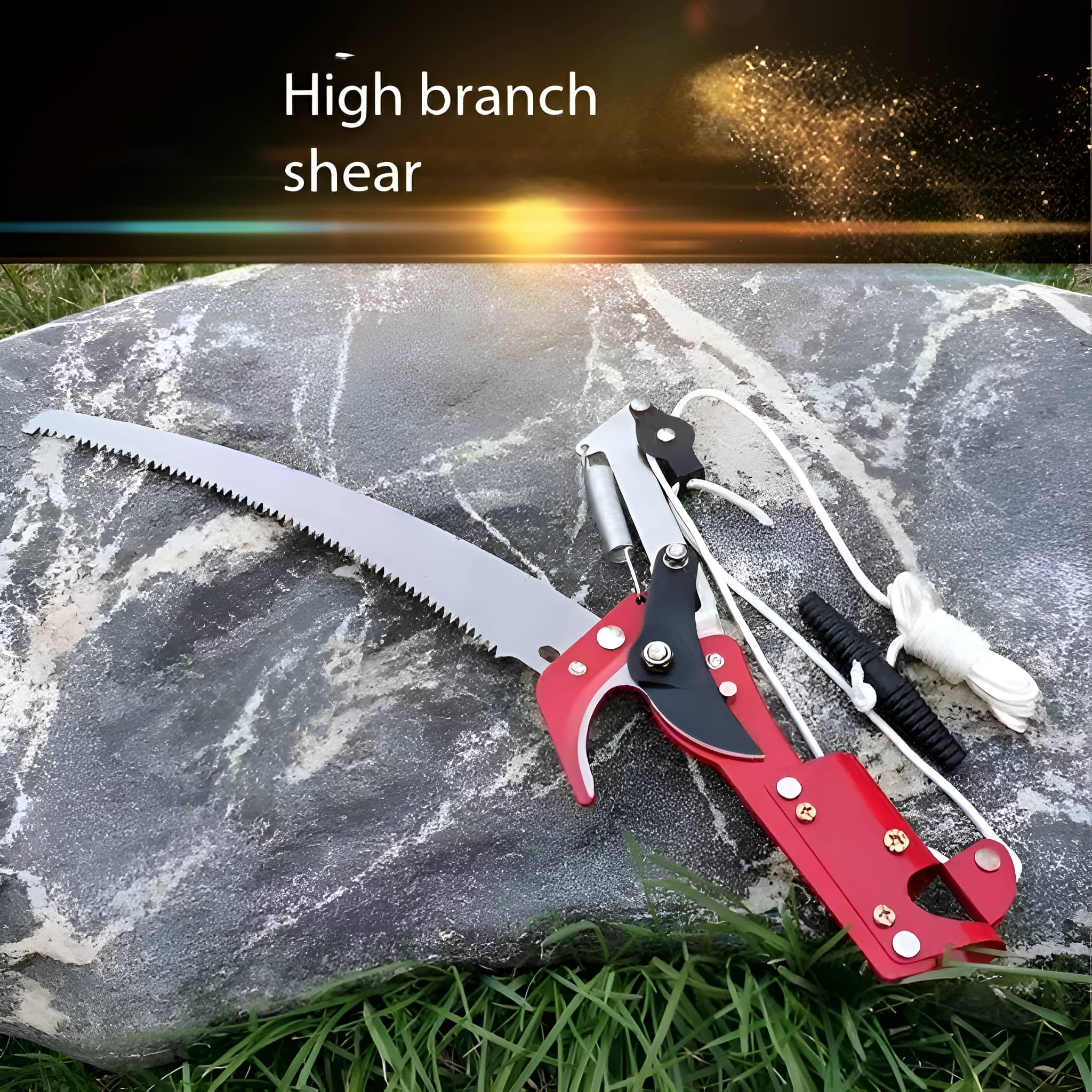 Astsäge auf einem Felsen mit grünem Gras. Die Säge ist rot und silber. Weißes Seil und schwarzes Kabel vorhanden.