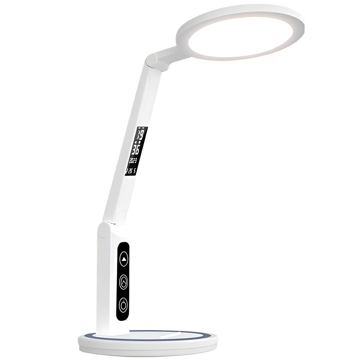 Eine weiße Schreibtischlampe mit kreisförmigem Licht, Display und Touch-Bedienfeld.