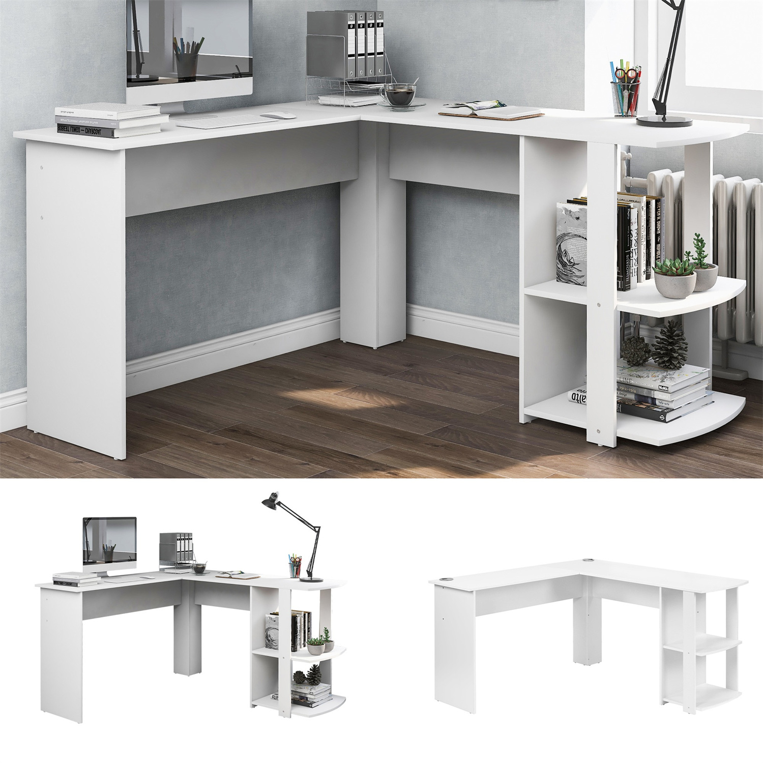 Weißer L-förmiger Schreibtisch mit Monitor und Regalen. Verschiedene Perspektiven werden gezeigt.