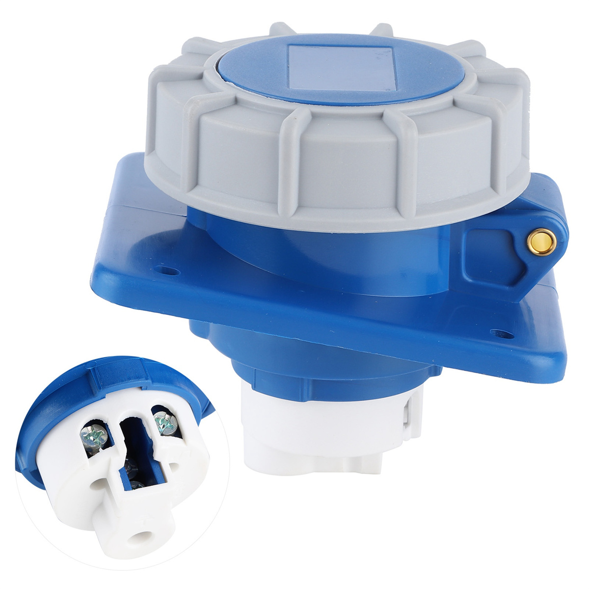 Ein blauer und grauer elektrischer Stecker mit einer Nahaufnahme der Innenverdrahtung.