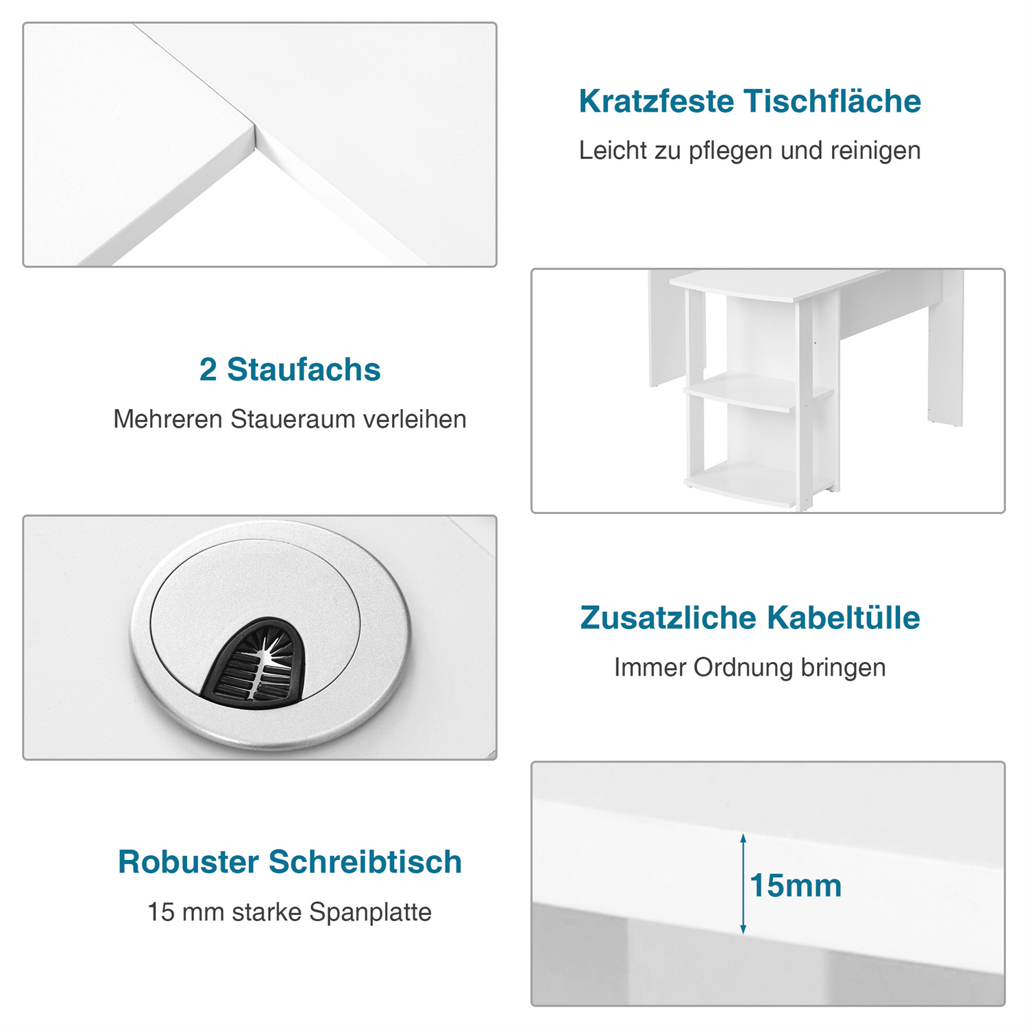 Ein weißer Schreibtisch mit detaillierten Nahaufnahmen der Oberfläche, des Kabelanschlusses und anderer Merkmale.