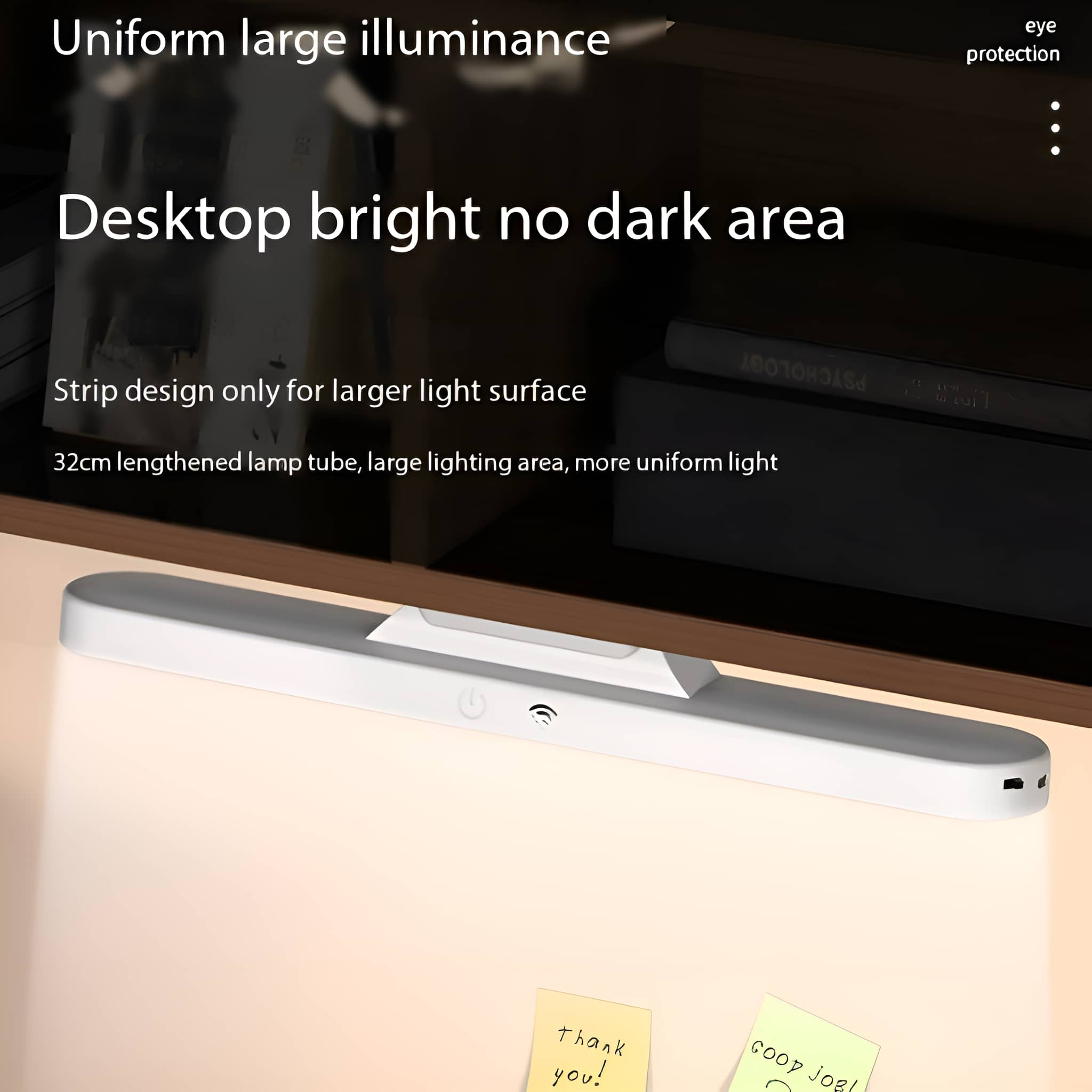 Weiße LED-Schreibtischlampe und Text über gleichmäßiges Licht und keine dunklen Bereiche auf einem Schreibtisch.