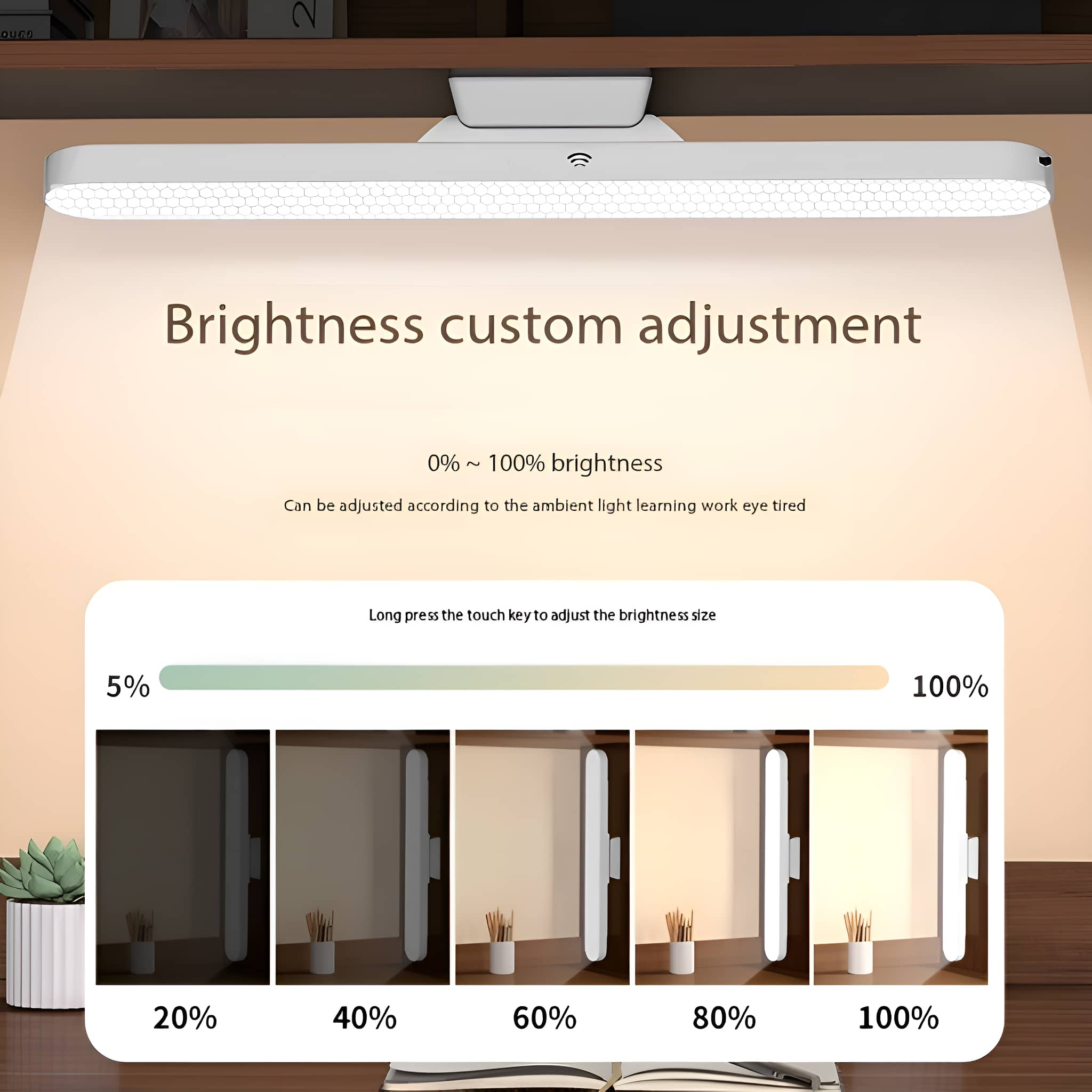 Eine weiße Schreibtischlampe mit Helligkeitseinstellungsoptionen, die unten gezeigt werden, von 5 % bis 100 % Helligkeit.