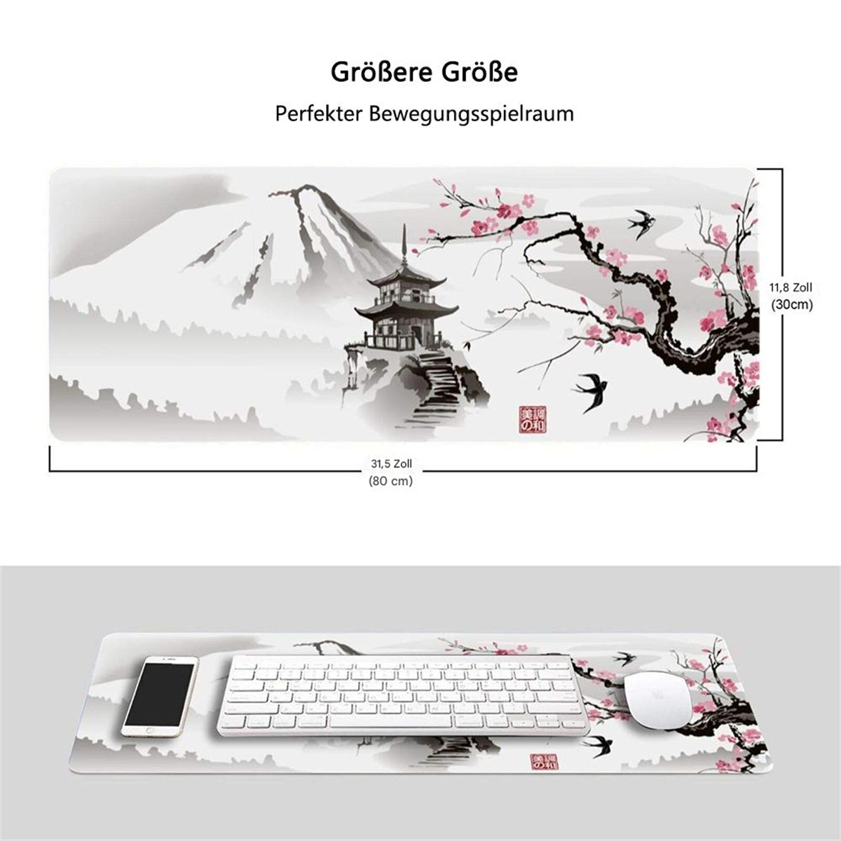 Ein Mauspad mit einer Berglandschaft und einer Tastatur, Telefon und Maus darauf.