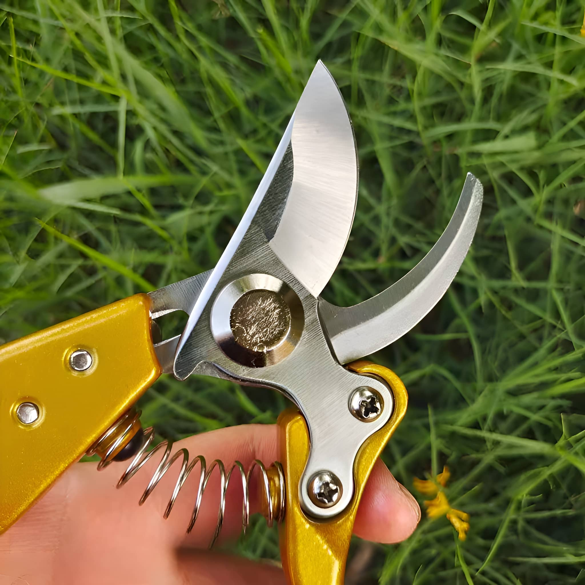 Nahaufnahme einer Gartenschere, offen, mit goldenen Griffen und silbernen Klingen, vor grünem Gras.