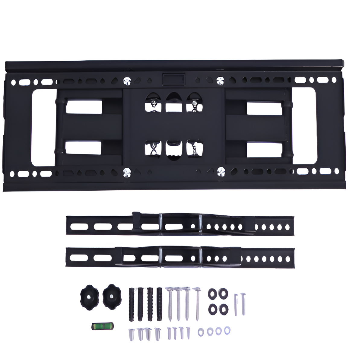 Ein schwarzes TV-Halterungs-Kit mit verschiedenen Schrauben, Bolzen und einer Wasserwaage.