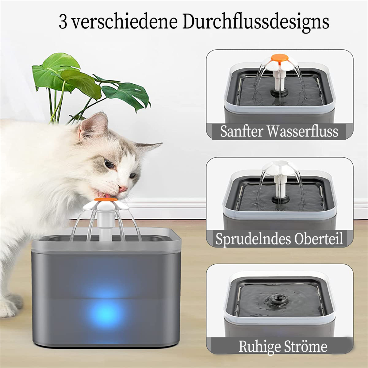 Katze trinkt aus einem grauen Haustierbrunnen mit drei im Bild gezeigten Wasserflussoptionen.