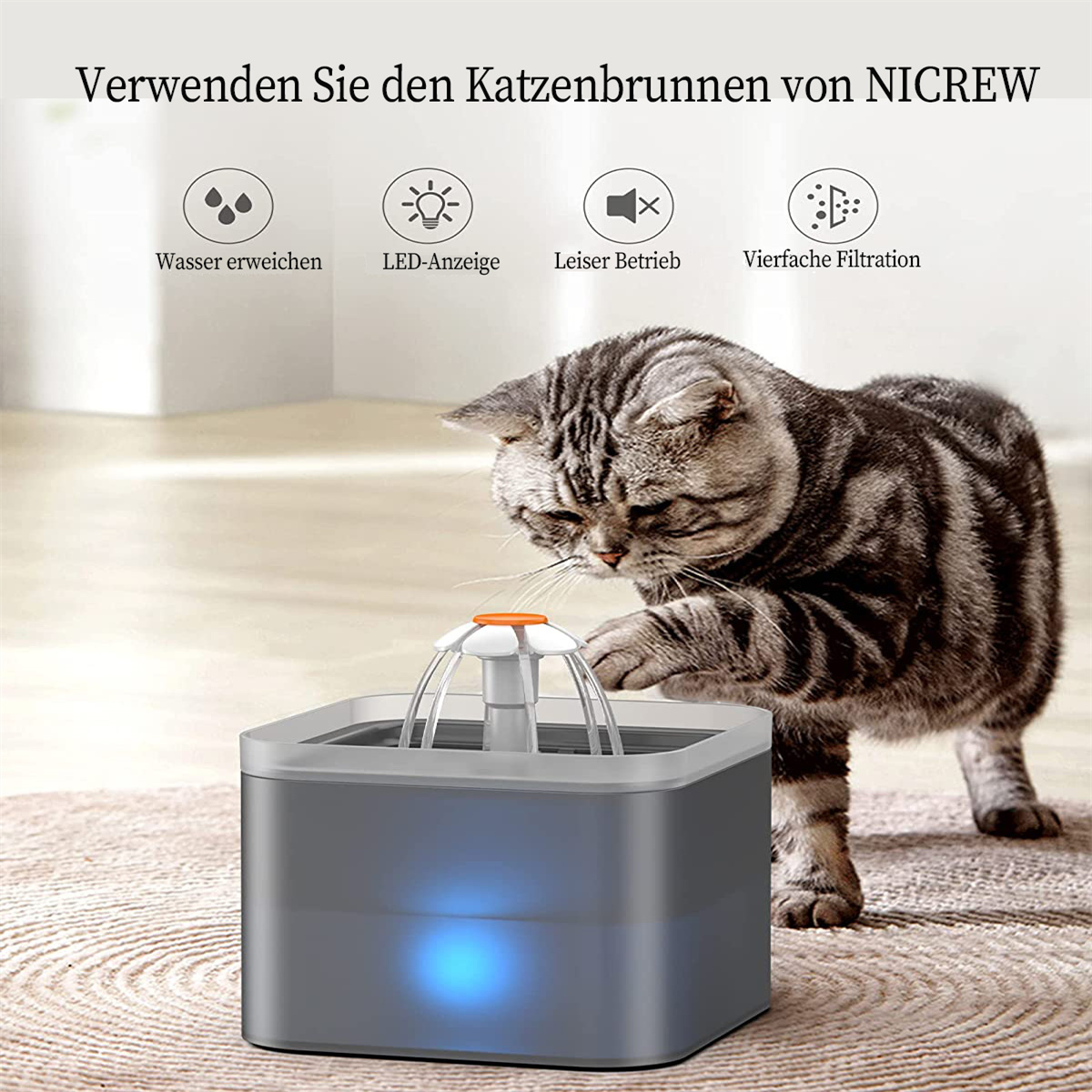 Eine Katze trinkt aus einem grauen Haustier-Wasserbrunnen, mit beschrifteten Merkmalen.