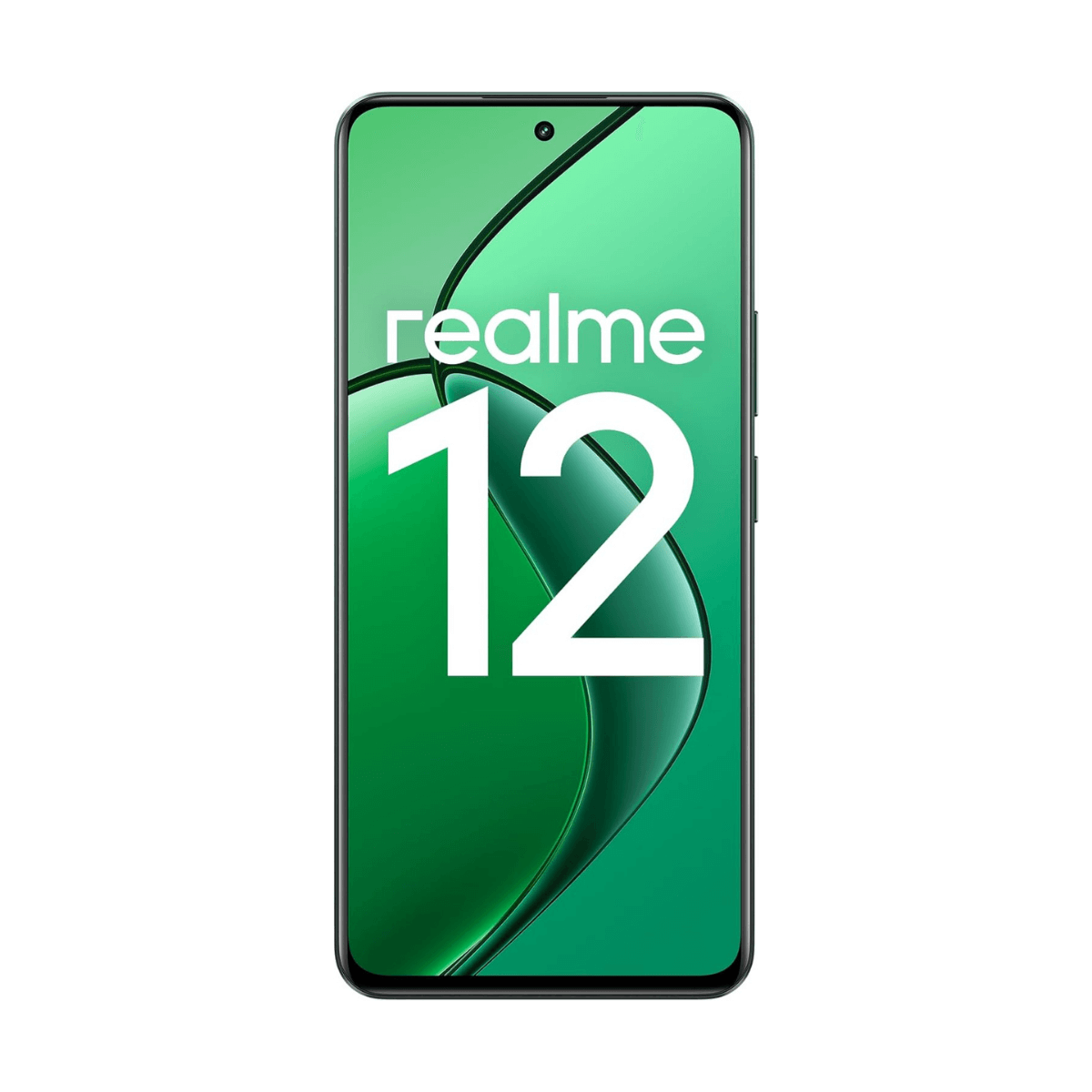 Smartfon z zielonym i białym logo Realme 12 na zielonym tle.