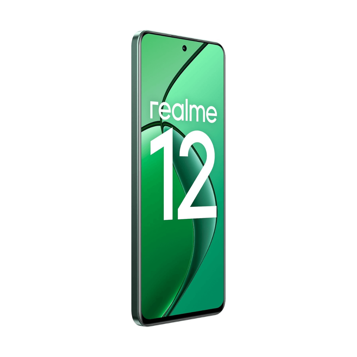 Zielony telefon Realme 12 na białym tle.