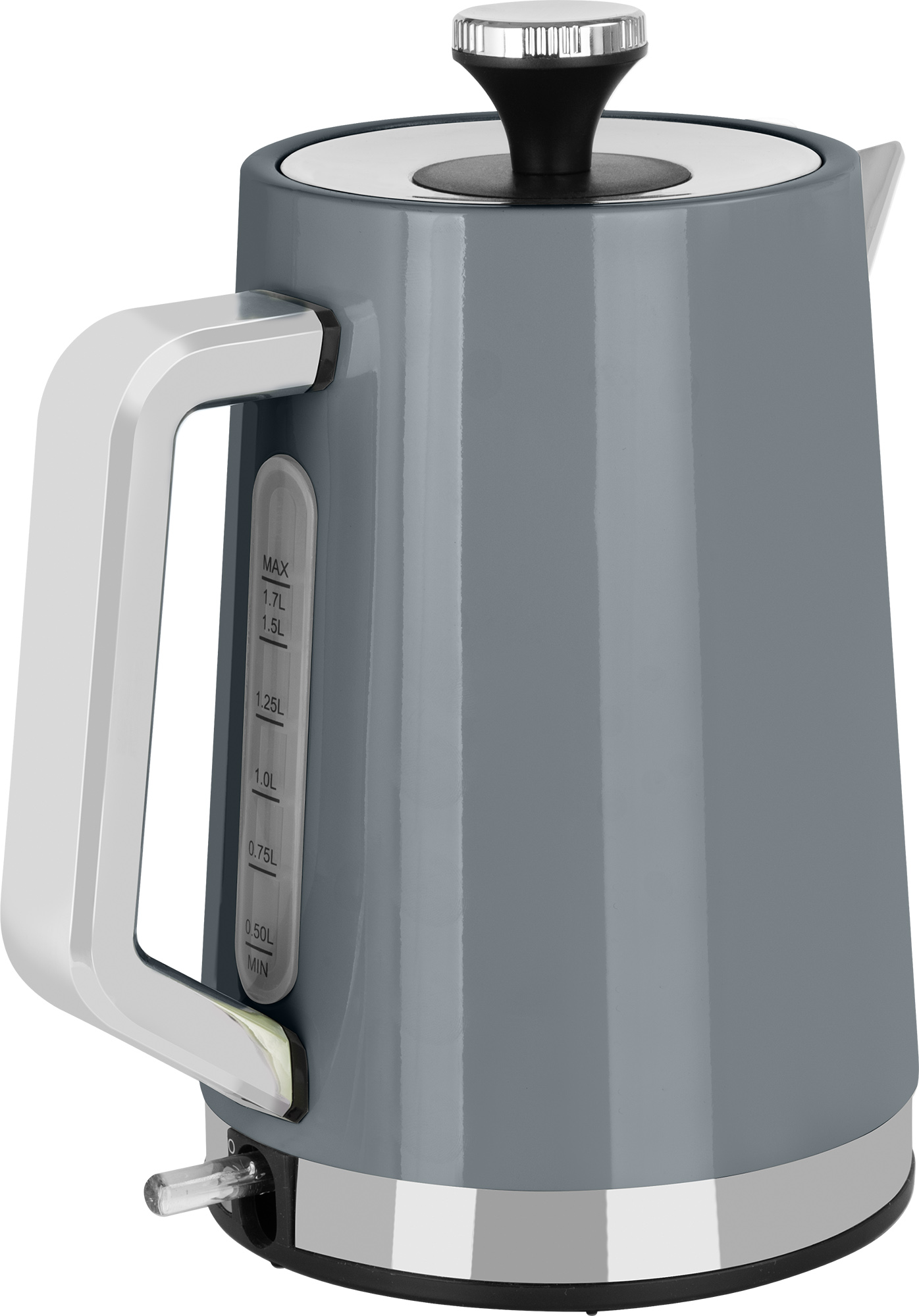 Grauer elektrischer Wasserkocher mit Wasserstandsanzeigen. Er hat einen Griff und einen schwarzen Deckel.