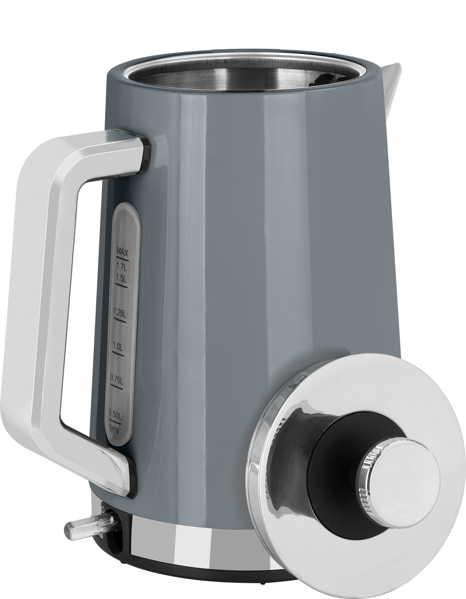 Ein grauer Wasserkocher mit Griff und Deckel, mit Volumenmarkierungen an der Seite.