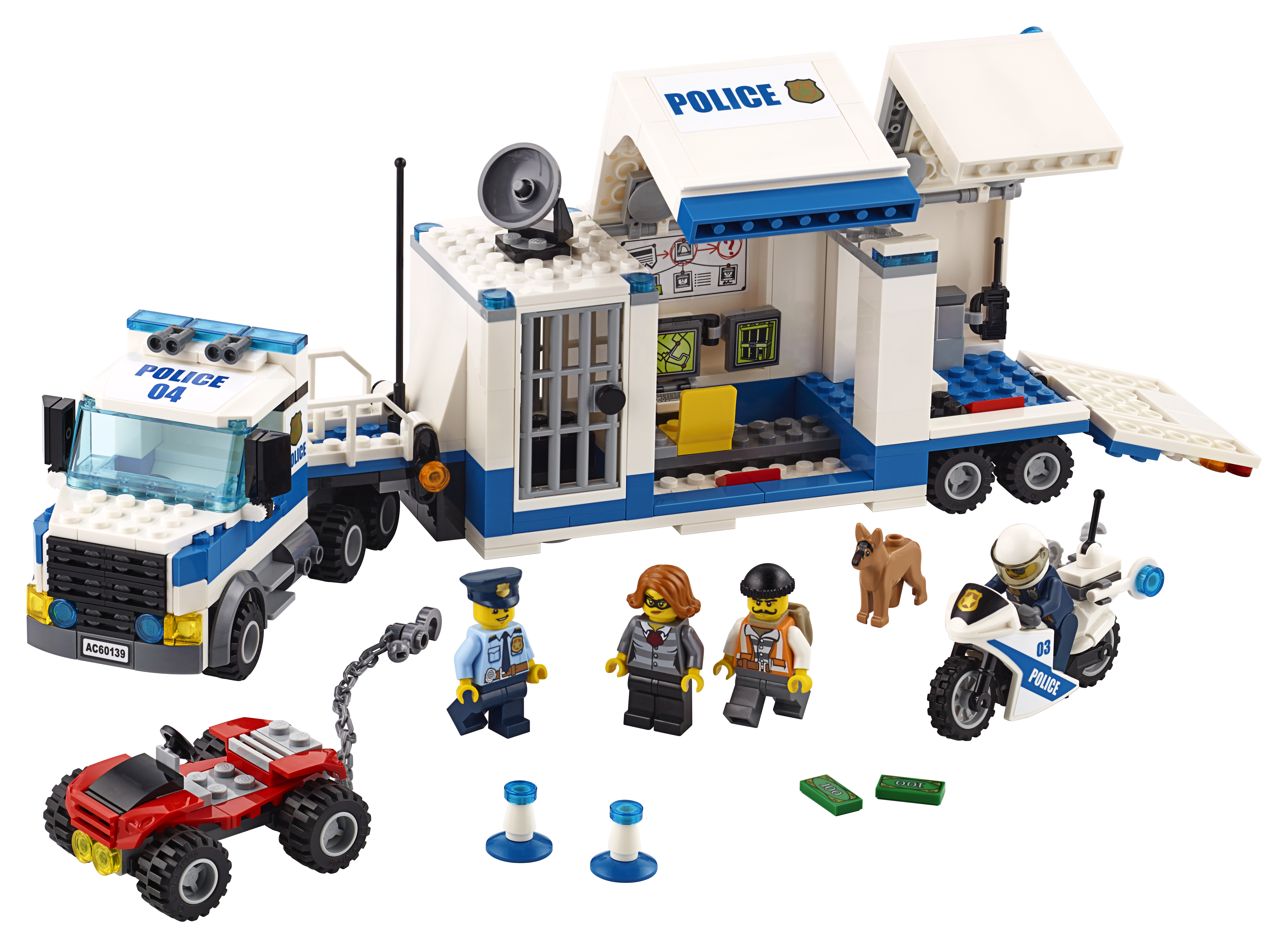 Ciężarówka policyjna Lego City z przyczepą i figurkami policjantów.