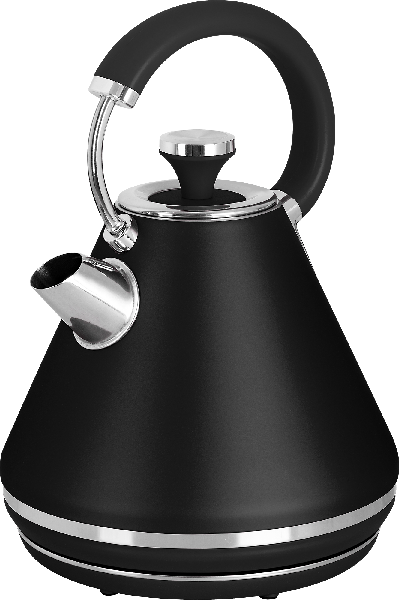 Czarny czajnik ze srebrnym wykończeniem i uchwytem. Wylewka jest srebrna.