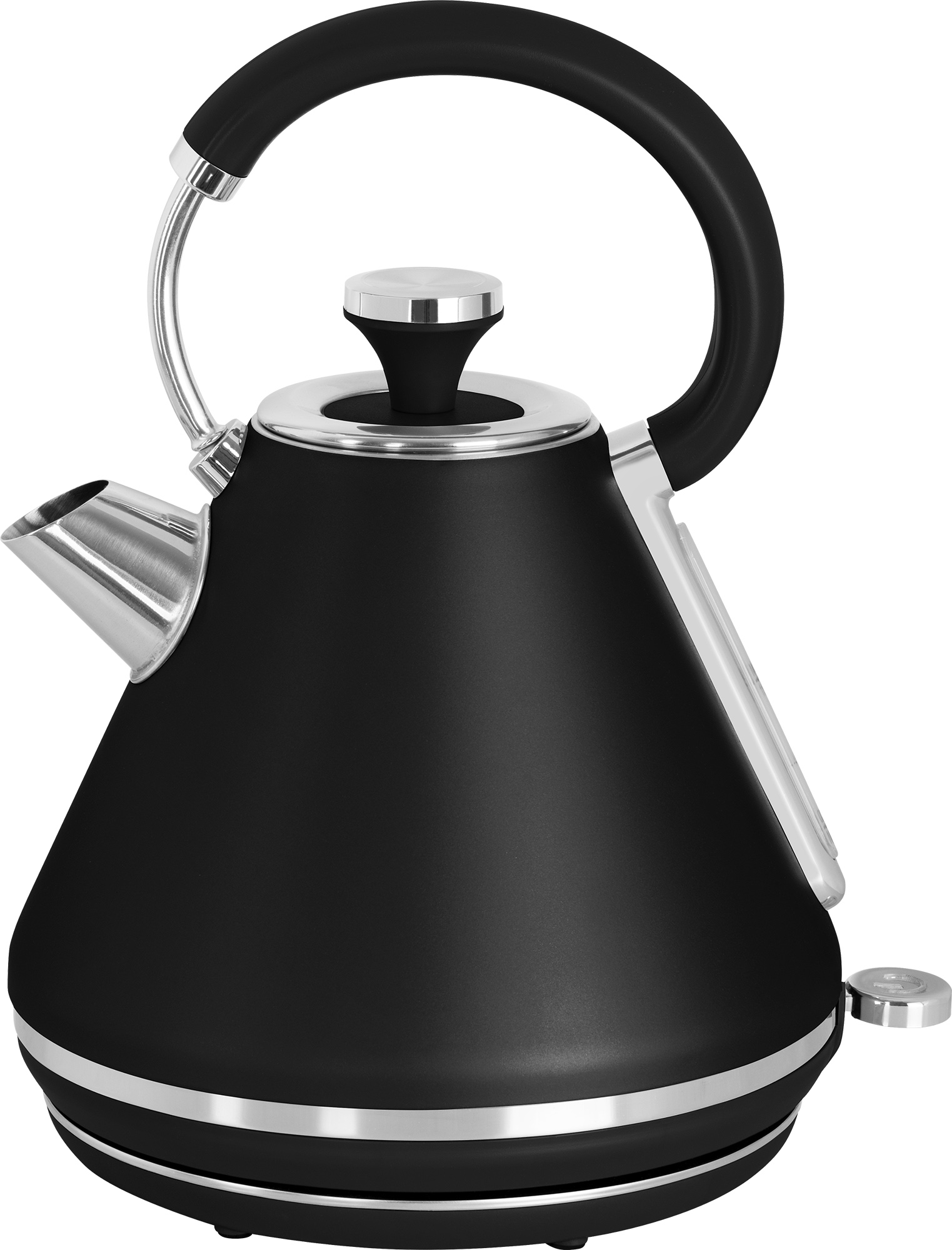 Czarny i srebrny czajnik elektryczny z zakrzywionym uchwytem na białym tle.