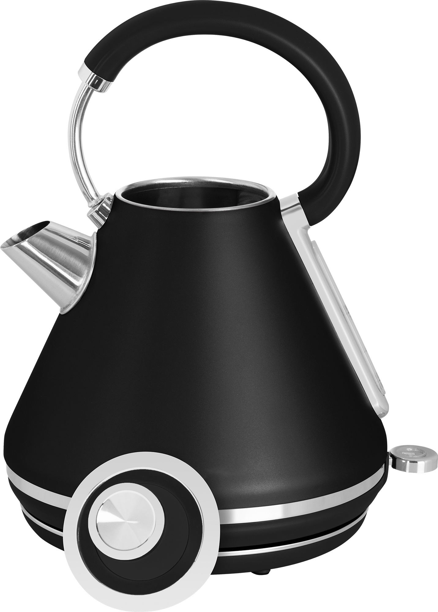 Czarny czajnik elektryczny ze srebrnym wykończeniem i dużym pokrętłem u podstawy.