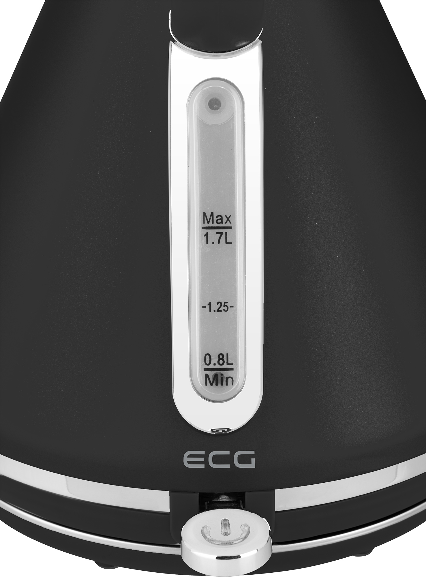 Czarny czajnik elektryczny, przezroczysty wskaźnik poziomu wody z oznaczeniami i przycisk zasilania.