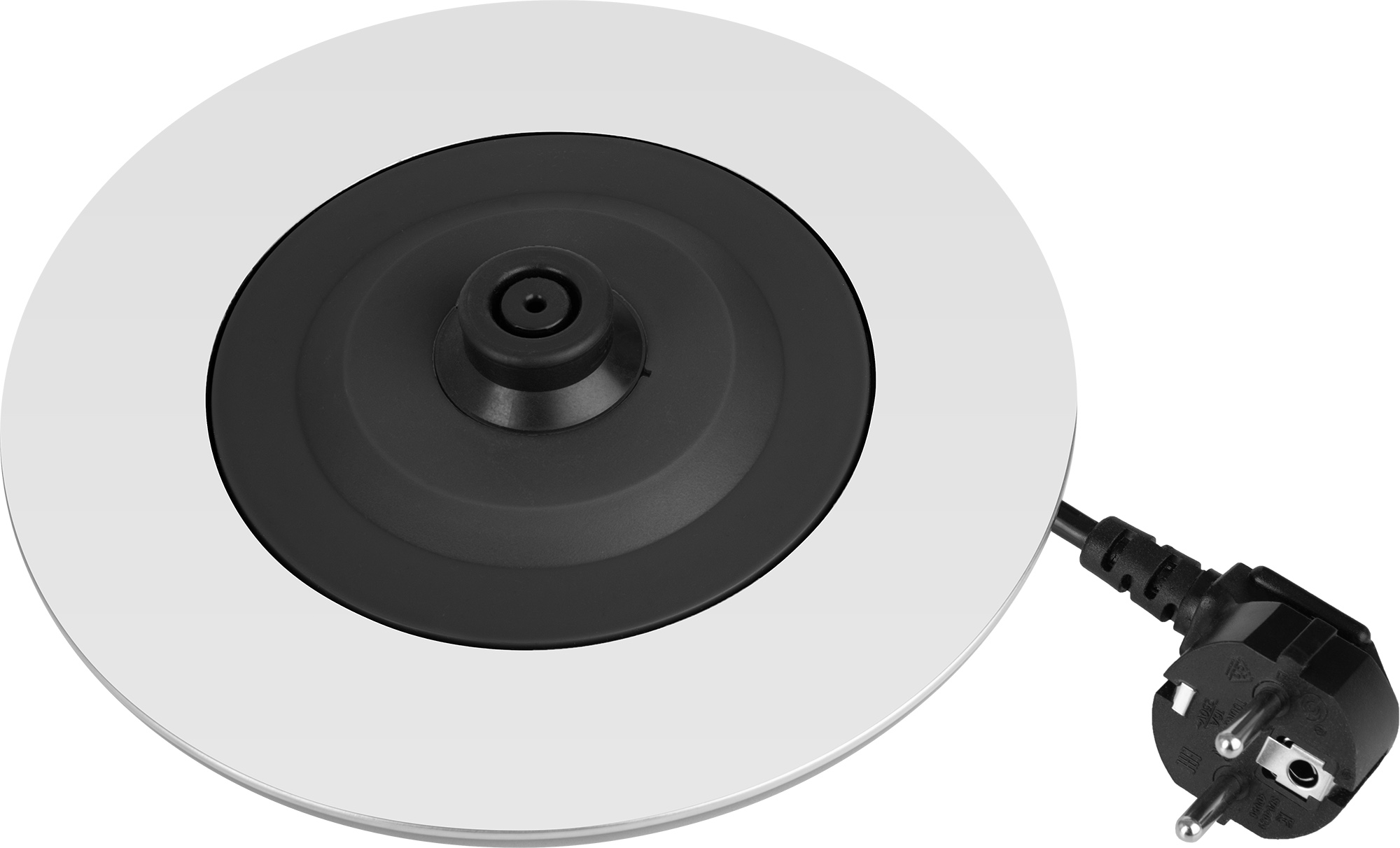 Podstawa czajnika elektrycznego z białą obręczą i wtyczką.