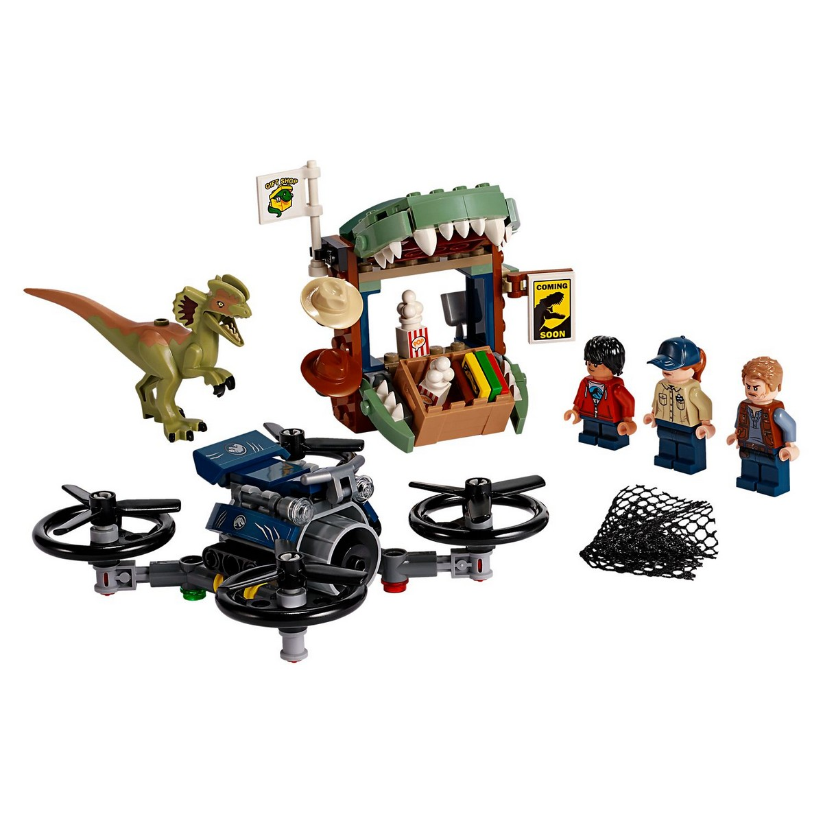 Set LEGO Jurassic World con dinosauro, drone e personaggi.