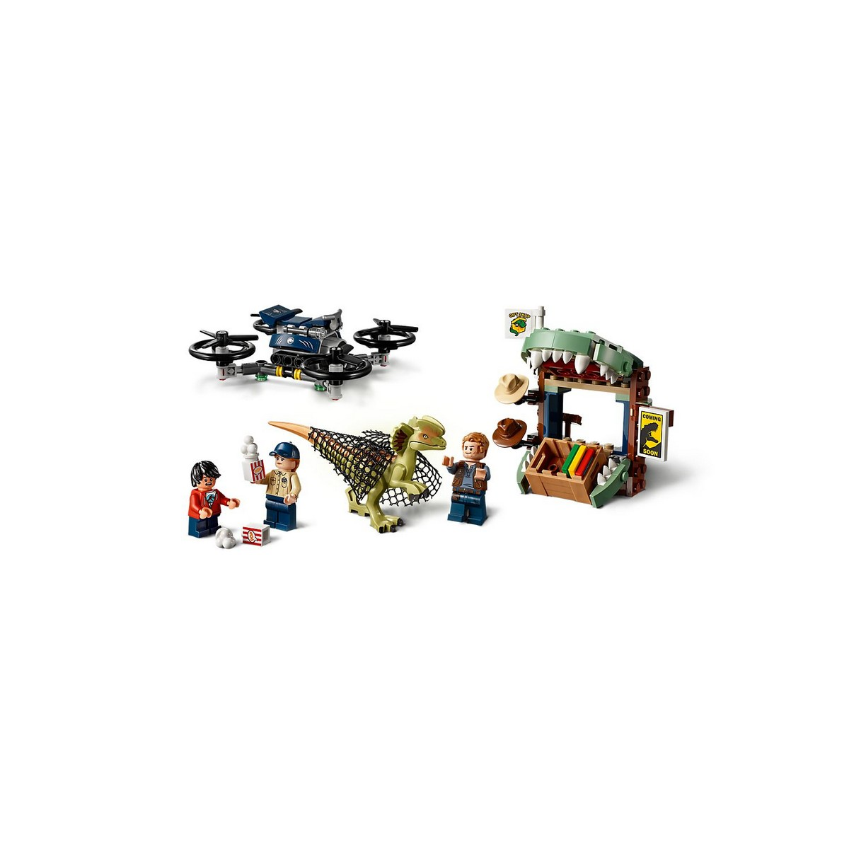 Set LEGO con drone, personaggi, rete e edificio a tema Jurassic Park.