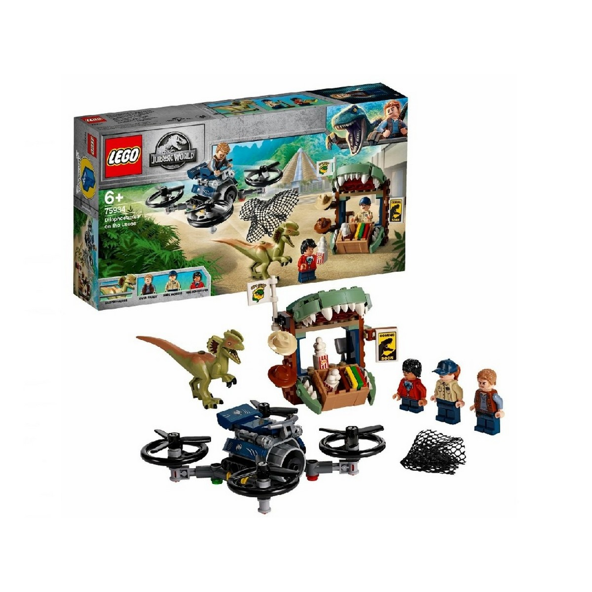 Un set Lego Jurassic World con un drone, un dinosauro e minifigure è esposto.