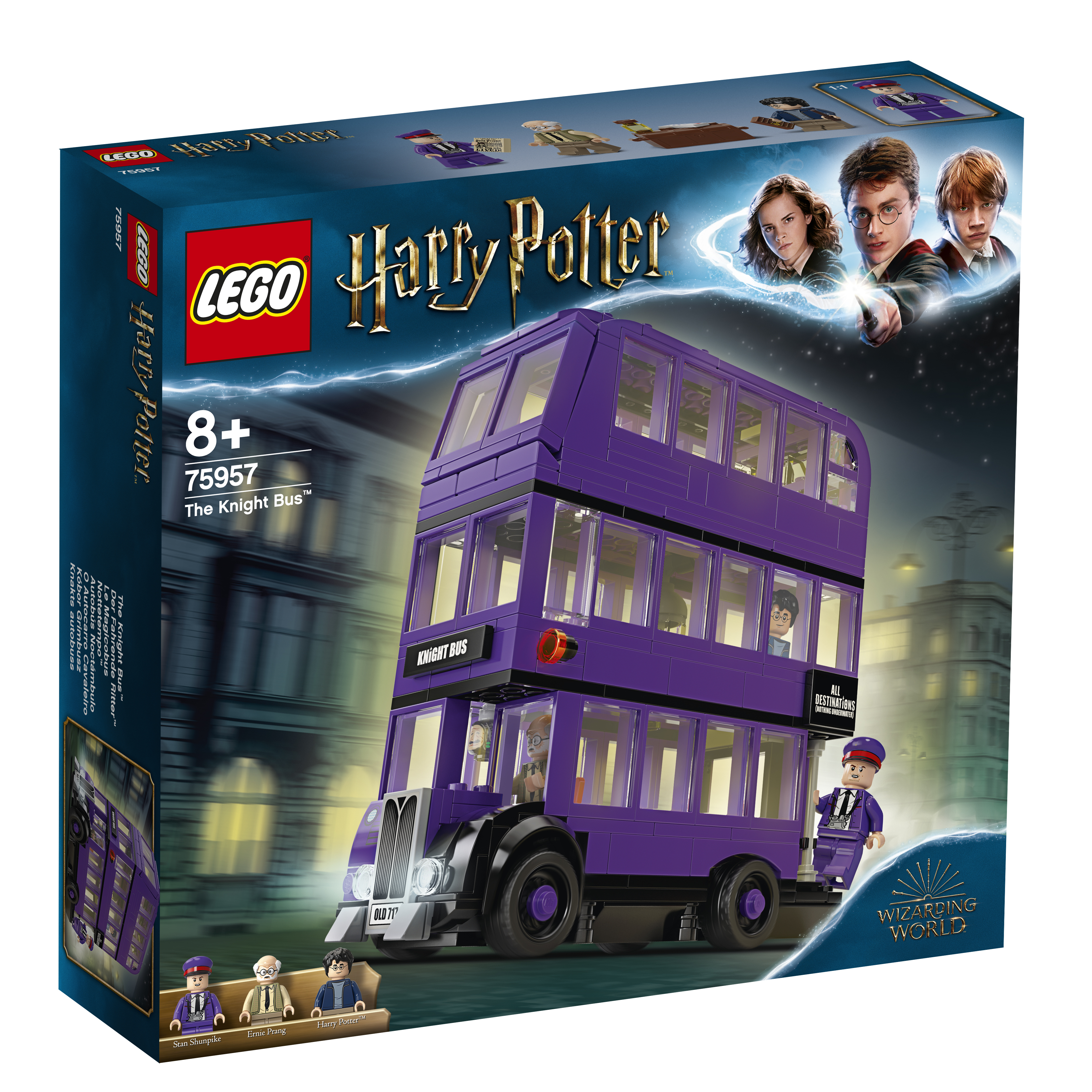 Scatola del set LEGO Harry Potter con autobus a due piani viola e immagini dei personaggi.