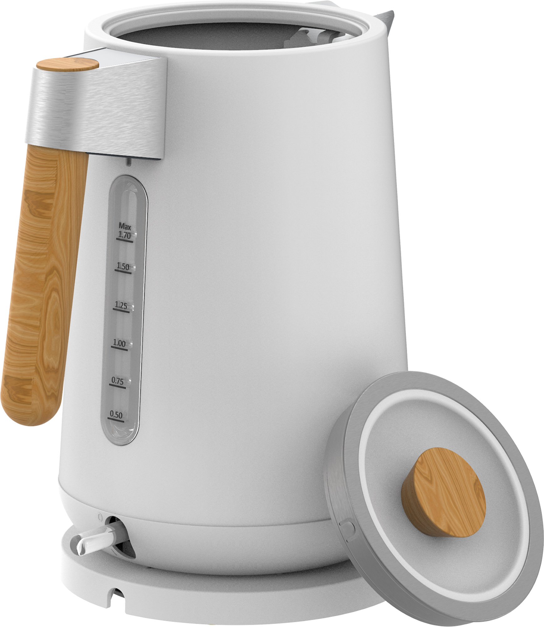 Weißer Wasserkocher mit Holzgriff und Deckel, auf weißer Basis.