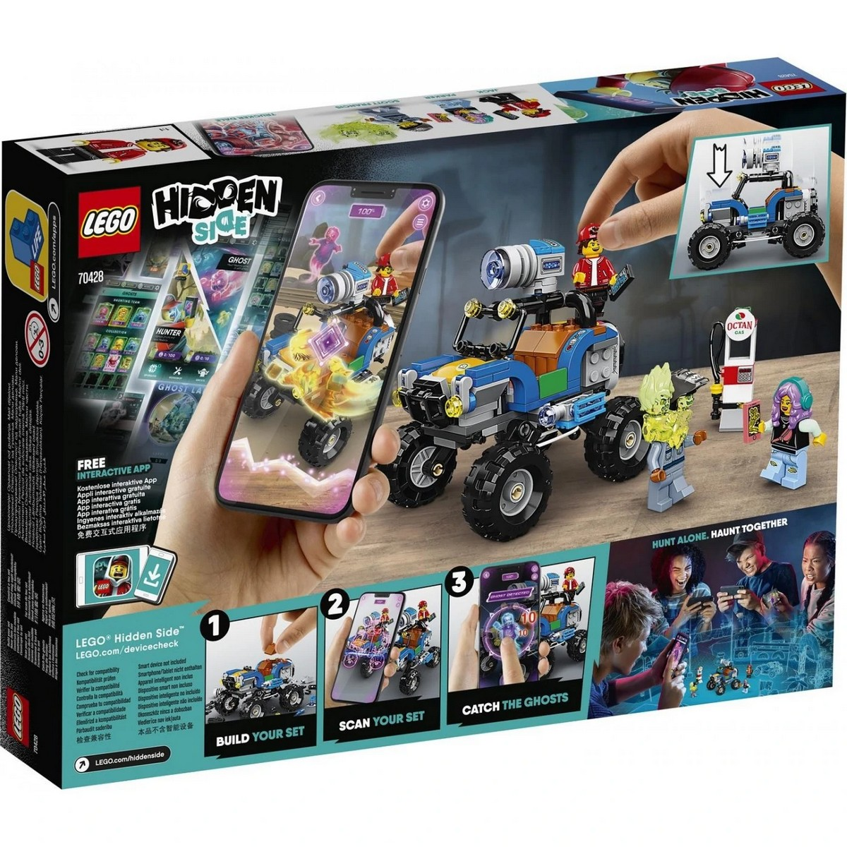 Zestaw Lego Hidden Side przedstawia monster truck, figurki i interfejs smartfona.